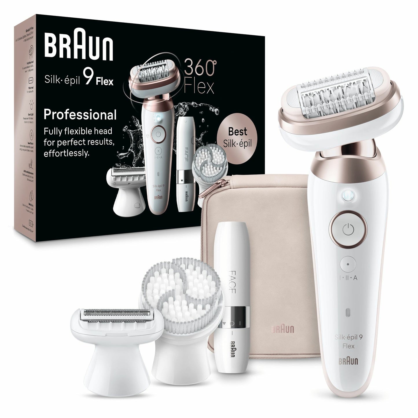 Braun Silk-épil 9 Flex 9-360 3D. Roza. Bijela. 40 pinceta. MicroGrip. 0,5 mm. Punjiva baterija. Integrisana baterija.