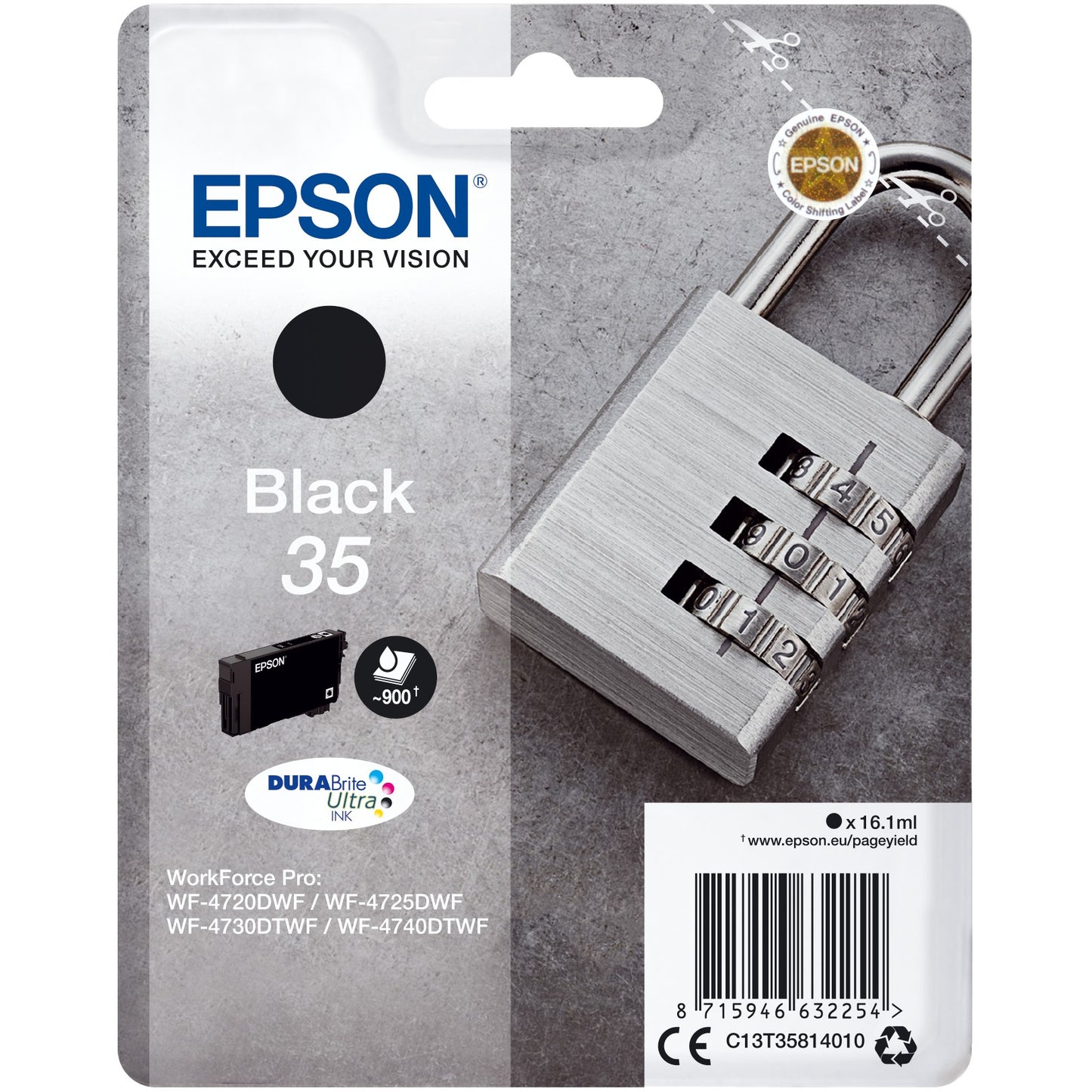 Epson Padlock Singlepack Black 35 DURABrite Ultra Ink. Standardni prinos. Crna. Tinta na bazi pigmenta. 16,1 ml. 1 jedinica. 900 stranica.