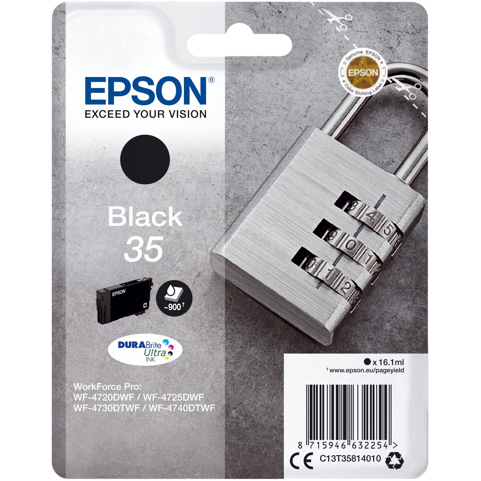Epson Padlock Singlepack Black 35 DURABrite Ultra Ink. Standardni prinos. Crna. Tinta na bazi pigmenta. 16,1 ml. 1 jedinica. 900 stranica.