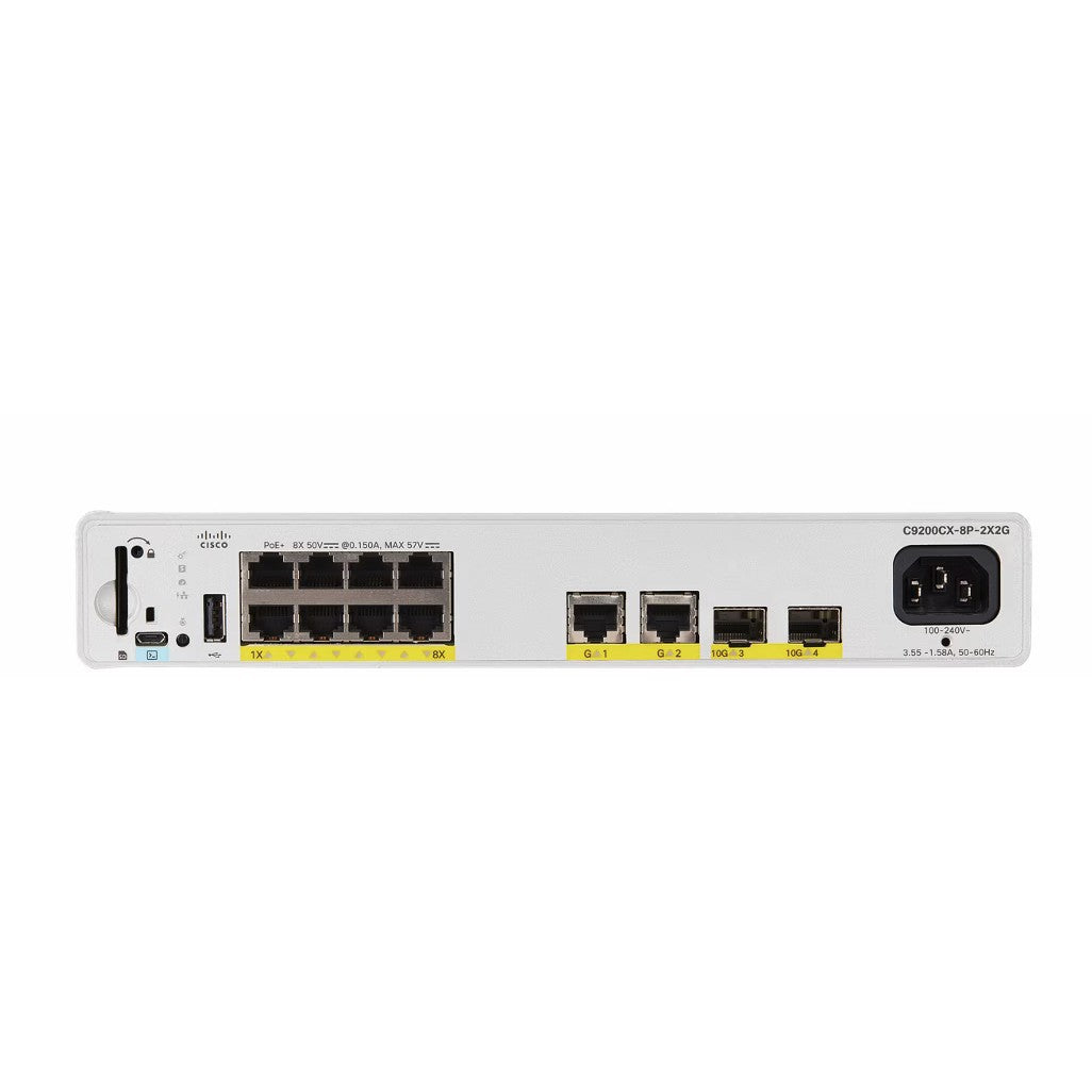 Cisco Catalyst C9200CX-8P-2X2G-E. Upravljani. L2/L3. Gigabit Ethernet (10/100/1000). Puni dupleks. Napajanje preko Etherneta (PoE). Montaža u rack.