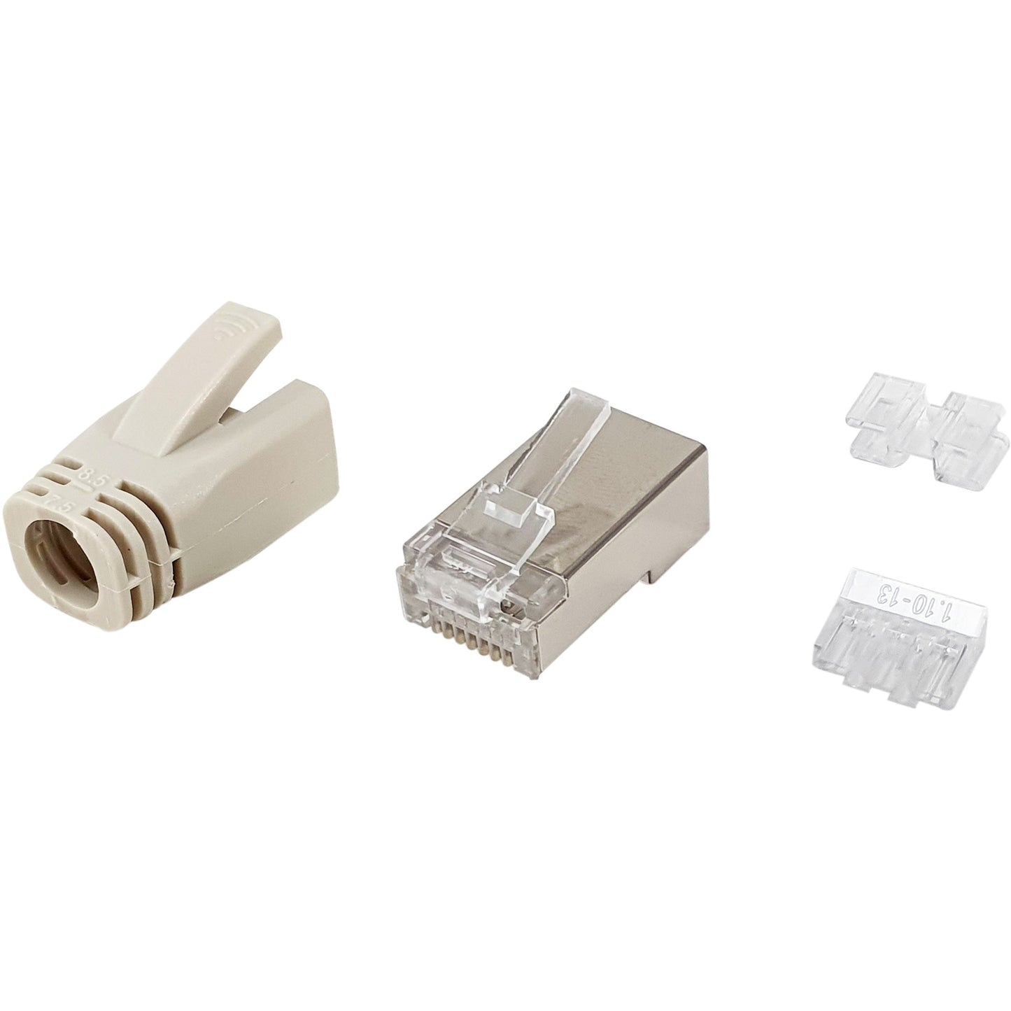 Equip Cat.6A RJ45 set oklopljenih konektora. 100 komada po pakovanju. RJ-45. Nehrđajući čelik. Prozirni. Bijeli. Muški. Ravni. Cat6a. Zlatni.