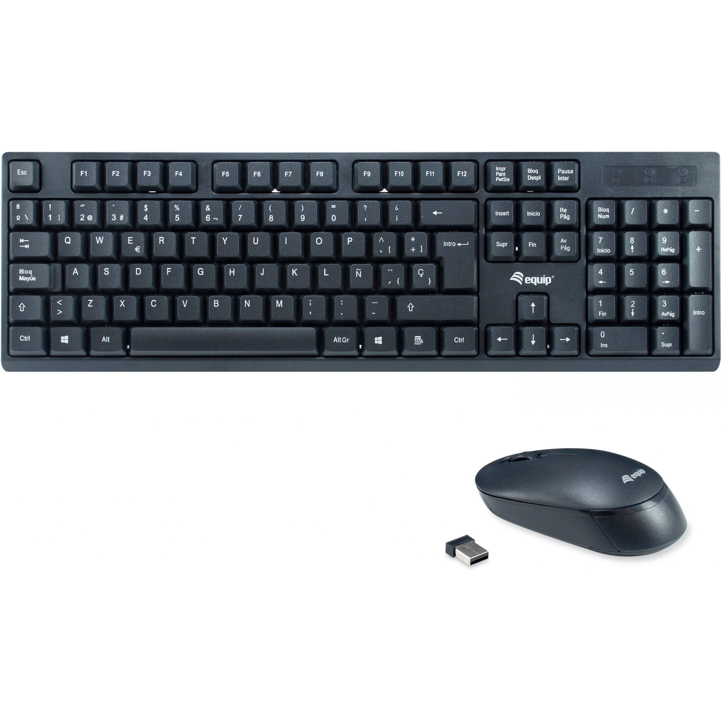 Bežični set tastature i miša Equip. ES raspored (QWERTY). Puna veličina (100%). Bežični. RF bežični. QWERTY. Crna. Miš uključen.