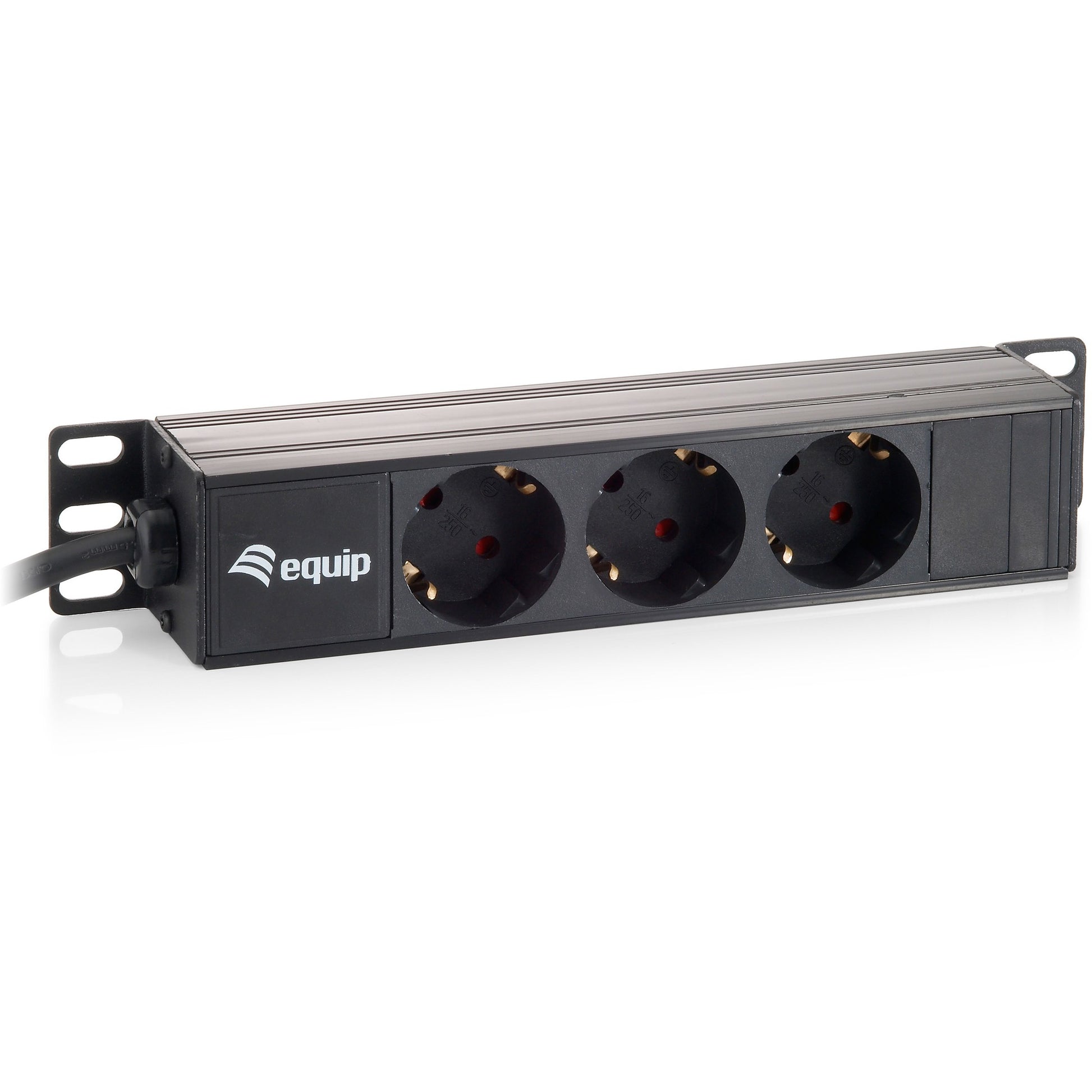 Equip trostruki njemački produžni kabel. 10 inča. 1U. Plastika. Crna. 3 AC utičnice. 1,5 m. 250 V