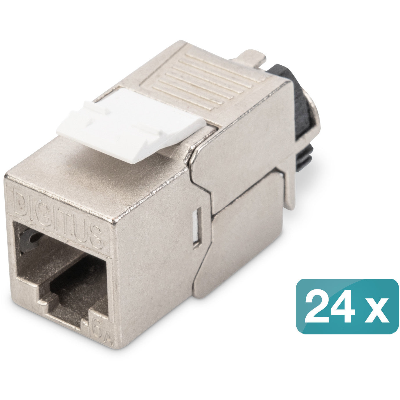Digitus CAT 6A Keystone modul. Oklopljen s inteligentnim upravljanjem kablovima. Set (24 komada). Srebrni. -10 do 60 °C. 14,5 x 35,3 x 19,5 mm. 19 g. 24 komada. Kina