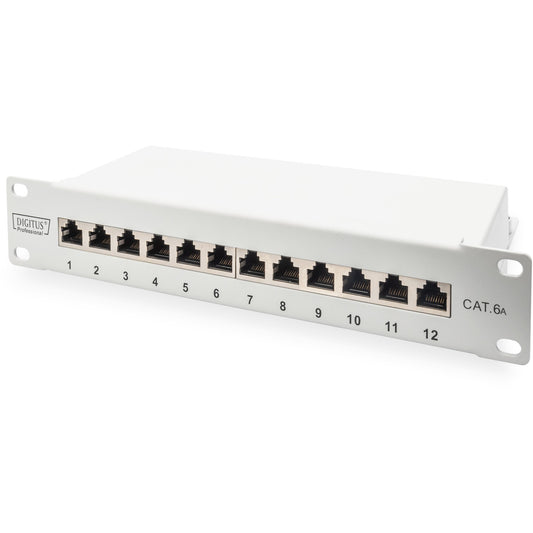 Digitus CAT 6A patch panel. Oklopljen. 12 portova. 1RU. 10". Siva. 10 Gigabit Ethernet. RJ-45. Cat6a. 22/26. Siva. Metalna.