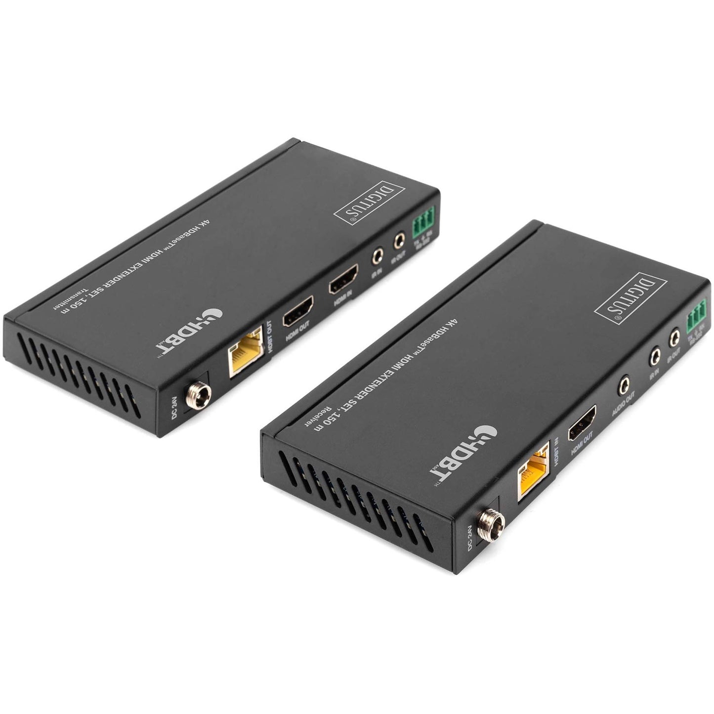 Digitus 4K HDBaseT™ HDMI Extender set. 150 m. 3840 x 2160 piksela. AV predajnik i prijemnik. 150 m. Žični. Crni. HDCP.