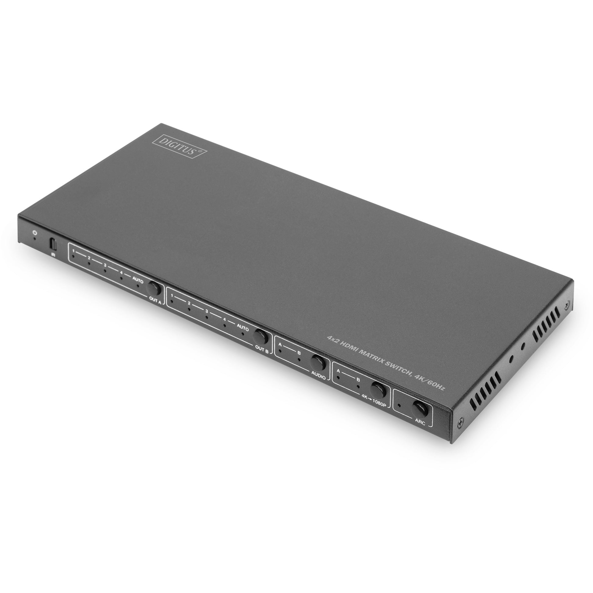 Digitus 4x2 HDMI matrični prekidač. 4K/60Hz. 3840x2160 piksela. 18Gbps. 3840x2160 piksela. 1.4/2.2. Crni. metal.