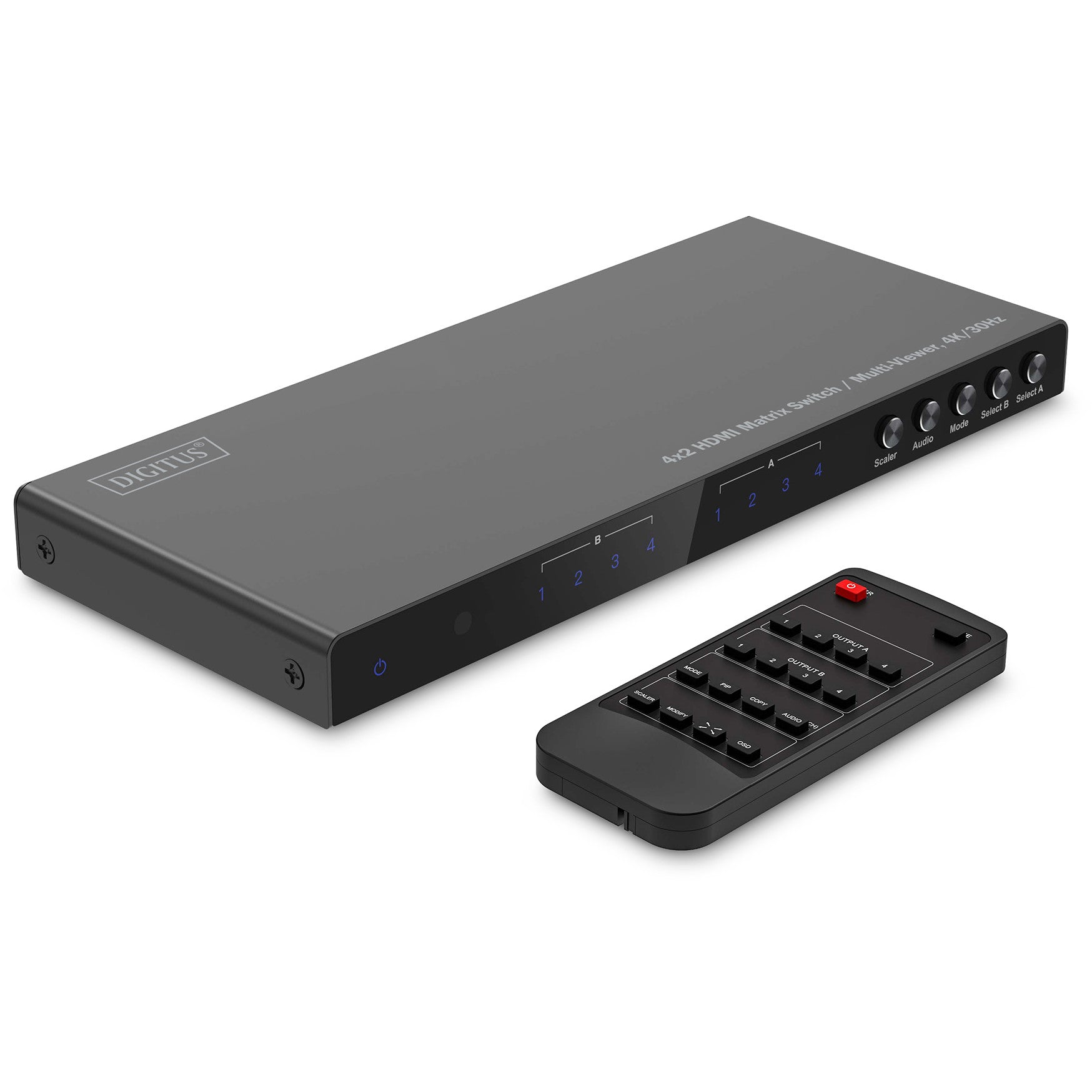 Digitus 4x2 HDMI matrični prekidač / Multi-viewer. 4K/30Hz. AV matrični prekidač. 10.2 Gbps. Crni. Metalni. Dugmad. Daljinski upravljač. Status.