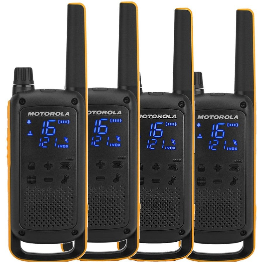 Motorola Talkabout T82 Extreme Quad Pack. Profesionalni mobilni radio (PMR). 16 kanala. Domet 10.000 m. LED. Micro-USB. Nikl-metal hidridna (NiMH) baterija.