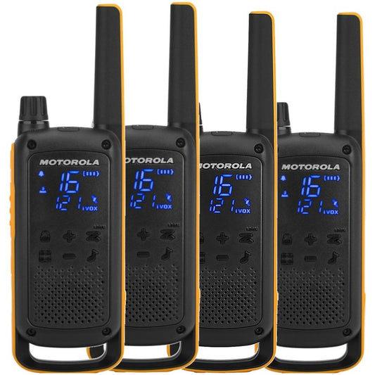 Motorola Talkabout T82 Extreme Quad Pack. Profesionalni mobilni radio (PMR). 16 kanala. Domet 10.000 m. LED. Micro-USB. Nikl-metal hidridna (NiMH) baterija.
