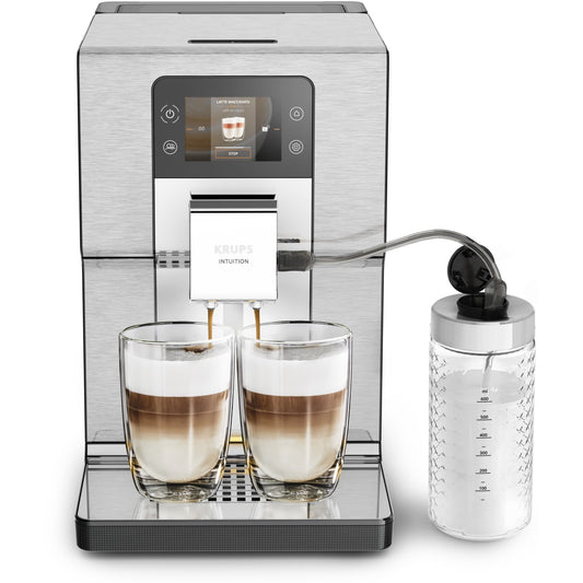 Krups Intuition Experience+ EA877D10. Aparat za espresso. Kapacitet zrna kafe 3 l. Ugrađeni mlin za kafu. 1550 W. Crna. Brušeni čelik.