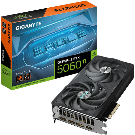 GIGABYTE GeForce RTX 5060 Ti EAGLE OC 16G Grafička kartica – 16 GB GDDR7. 128-bit. PCI-E 5.0. Frekvencija jezgra 2617 MHz. 3 x DisplayPort. 1 x HDMI. GV-N506TEAGLE OC-16GD. GeForce RTX 5060 Ti. 16 GB. GDDR7. 128-bit. 7680 x 4320 piksela. PCI Express x16 5.0