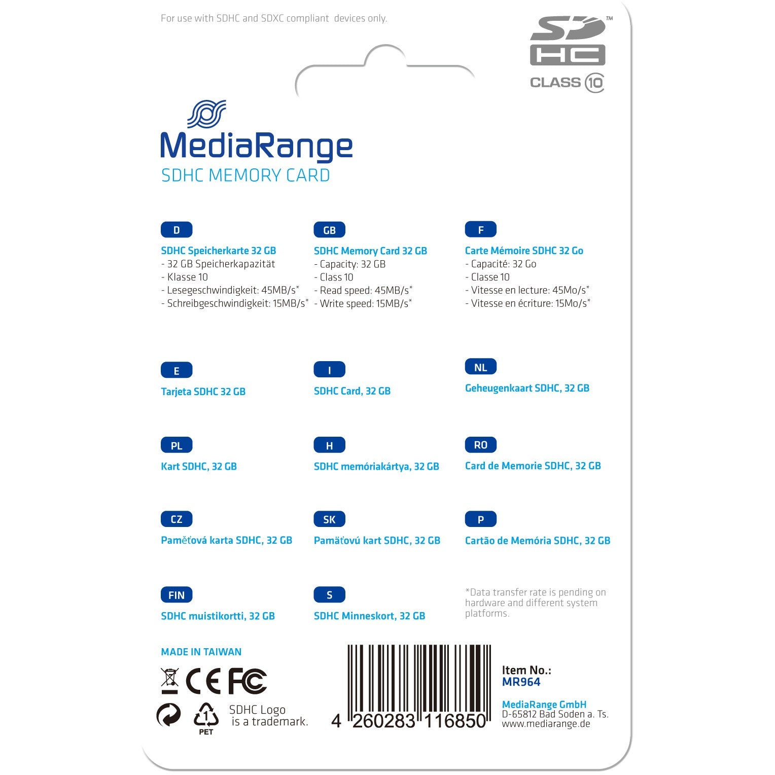 MediaRange MR964. 32 GB. SDHC. Klasa 10. 45 MB/s. 15 MB/s. Plava