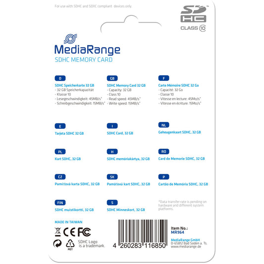MediaRange MR964. 32 GB. SDHC. Klasa 10. 45 MB/s. 15 MB/s. Plava