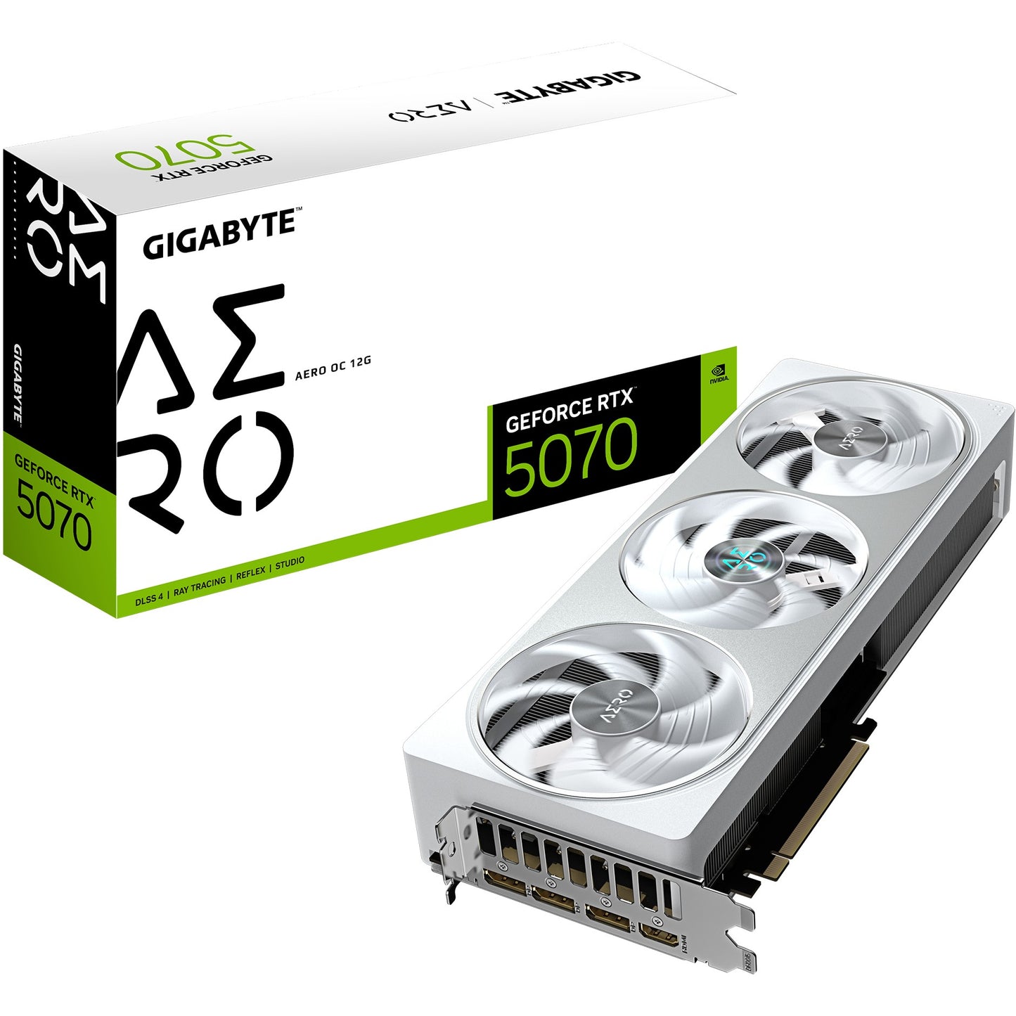 GIGABYTE GeForce RTX 5070 AERO OC 12G grafička kartica - 12GB GDDR7. 192 bita. PCI-E 5.0. Takt jezgra 2625MHz. 3 x DP 2.1a. 1 x HDMI 2.1b NVIDIA DLSS 4. GV-N5070AERO OC-12GD. GeForce RTX 5070. 12GB. GDDR7. 192 bita. 7680 x 4320 piksela. PCI Express x16 5.0