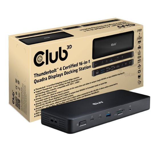 CLUB3D Thunderbolt 4 16-u-1 Quadra (4) priključna stanica za monitore. Žičana. Thunderbolt 4. Crna. MicroSD (TransFlash). SD. 40 Gbps. Kensington