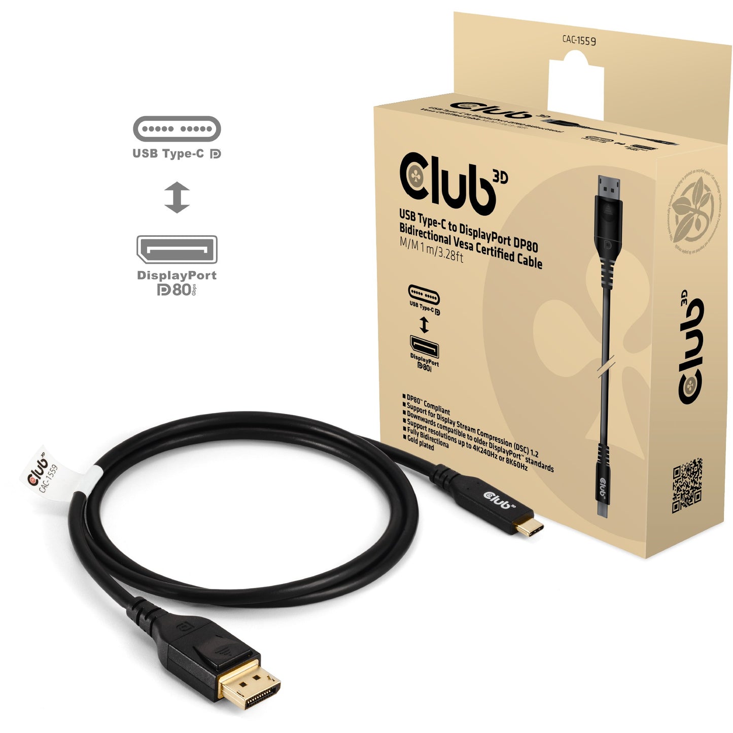 CLUB3D USB Type-C kabel na DP 2.1 dvosmjerni VESA DP80 certificirani kabel M/M 1m/3.28ft. 5g. 45g. 8544 4290