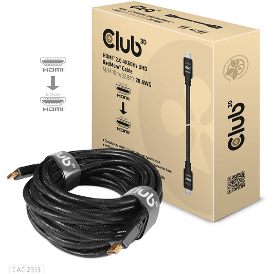 CLUB3D HDMI 2.0 4K60Hz RedMere kabel 10 metara. 10 m. HDMI Tip A (standardni). HDMI Tip A (standardni). 3D. 18Gbps. Crni