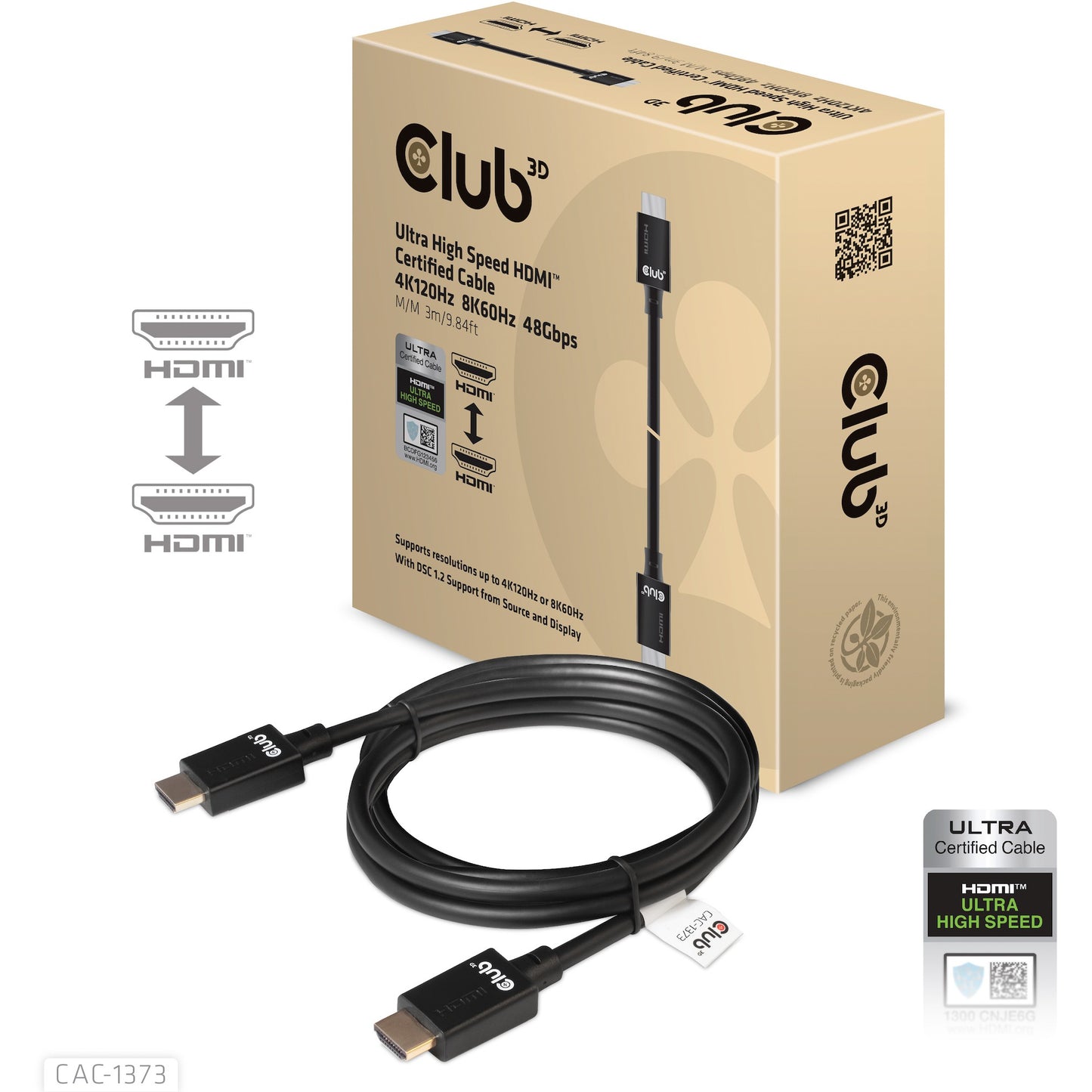 CLUB3D Ultra brzi HDMI 4K120Hz. 8K60Hz kabel 48Gbps M/M 3 m/ 9.84ft. 3 m. HDMI. HDMI. 48Gbps. Crni