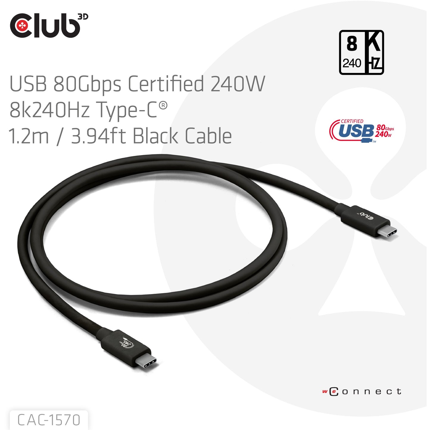 CLUB3D kabel USB C certificiran. PD240W/4K540Hz/80Gbps 1.2m nehrđajući materijal maloprodaja - kabel - digitalni/podaci. 2g. 45g. 10g. 225g. 8544 4290