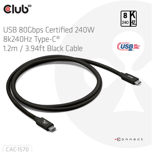 CLUB3D kabel USB C certificiran. PD240W/4K540Hz/80Gbps 1.2m nehrđajući materijal maloprodaja - kabel - digitalni/podaci. 2g. 45g. 10g. 225g. 8544 4290