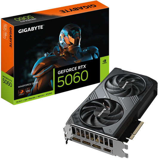 GIGABYTE GeForce RTX 5060 WINDFORCE OC 8G grafička kartica - 8GB GDDR7. 128bit. PCI-E 5.0. Takt jezgra 2512 MHz. 3 x DisplayPort 1 x HDMI GV-N5060WF2OC-8GD. GeForce RTX 5060. 8GB. GDDR7. 128 bita. 7680 x 4320 piksela. PCI Express 5.0