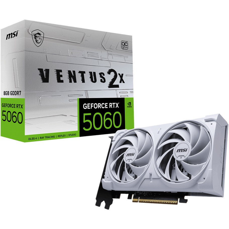 MSI GeForce RTX 5060 8G VENTUS 2X OC BIJELA. GeForce RTX 5060. 8GB. GDDR7. 128 bita. 7680 x 4320 piksela. PCI Express x16 5.0