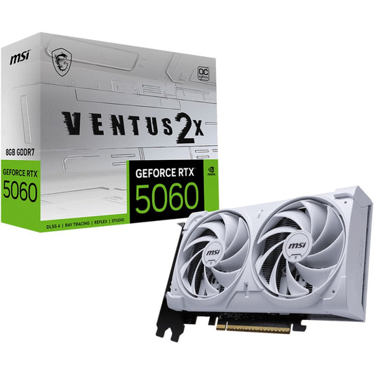 MSI GeForce RTX 5060 8G VENTUS 2X OC BIJELA. GeForce RTX 5060. 8GB. GDDR7. 128 bita. 7680 x 4320 piksela. PCI Express x16 5.0