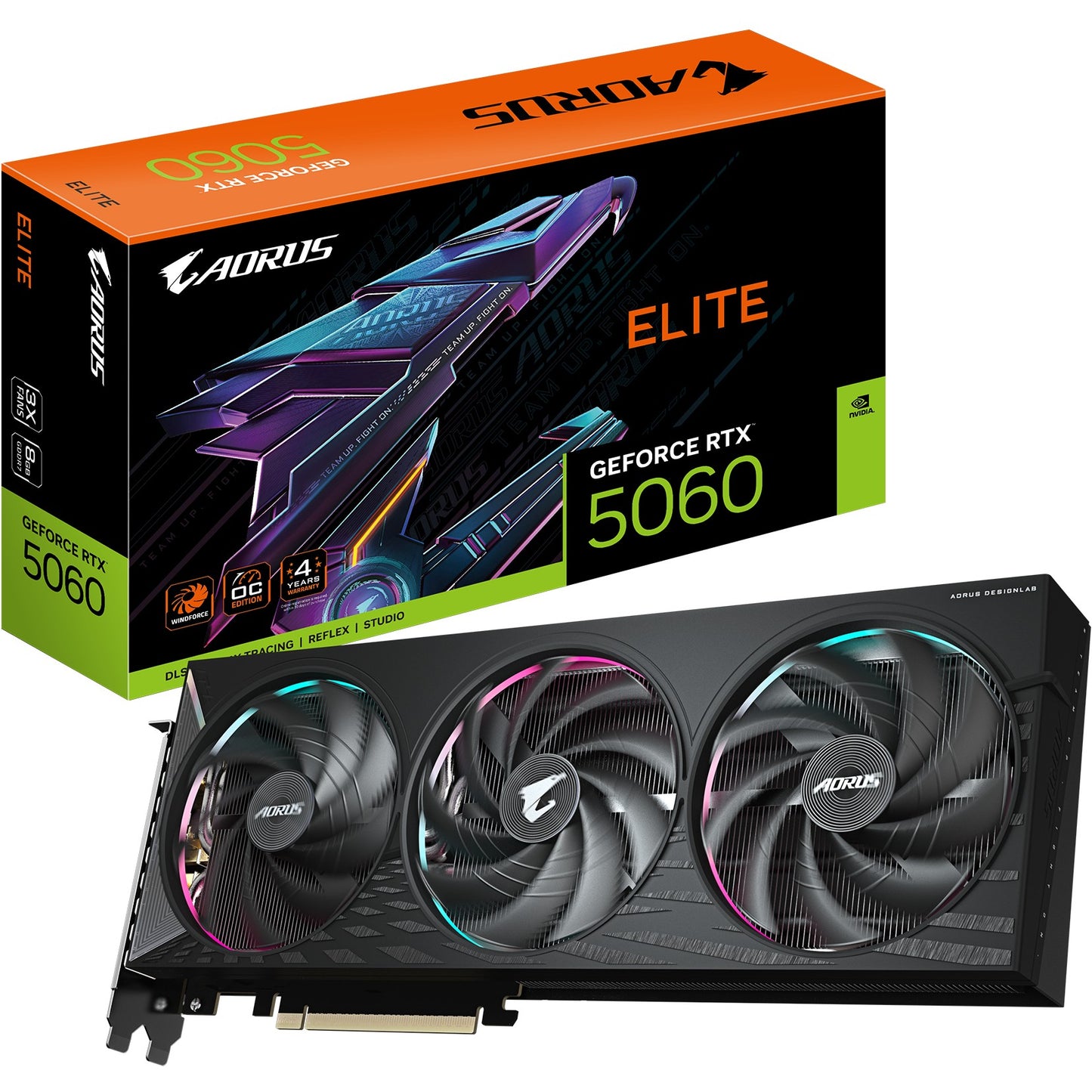 GIGABYTE AORUS GeForce RTX 5060 ELITE 8G Grafička kartica - 8GB GDDR7. 128-bit. PCI-E 5.0. Takt jezgra 2722 MHz. 3 x DisplayPort. 1 x HDMI. GV-N5060AORUS E-8GD. GeForce RTX 5060. 8 GB. GDDR7. 128-bit. 7680 x 4320 piksela. PCI Express 5.0