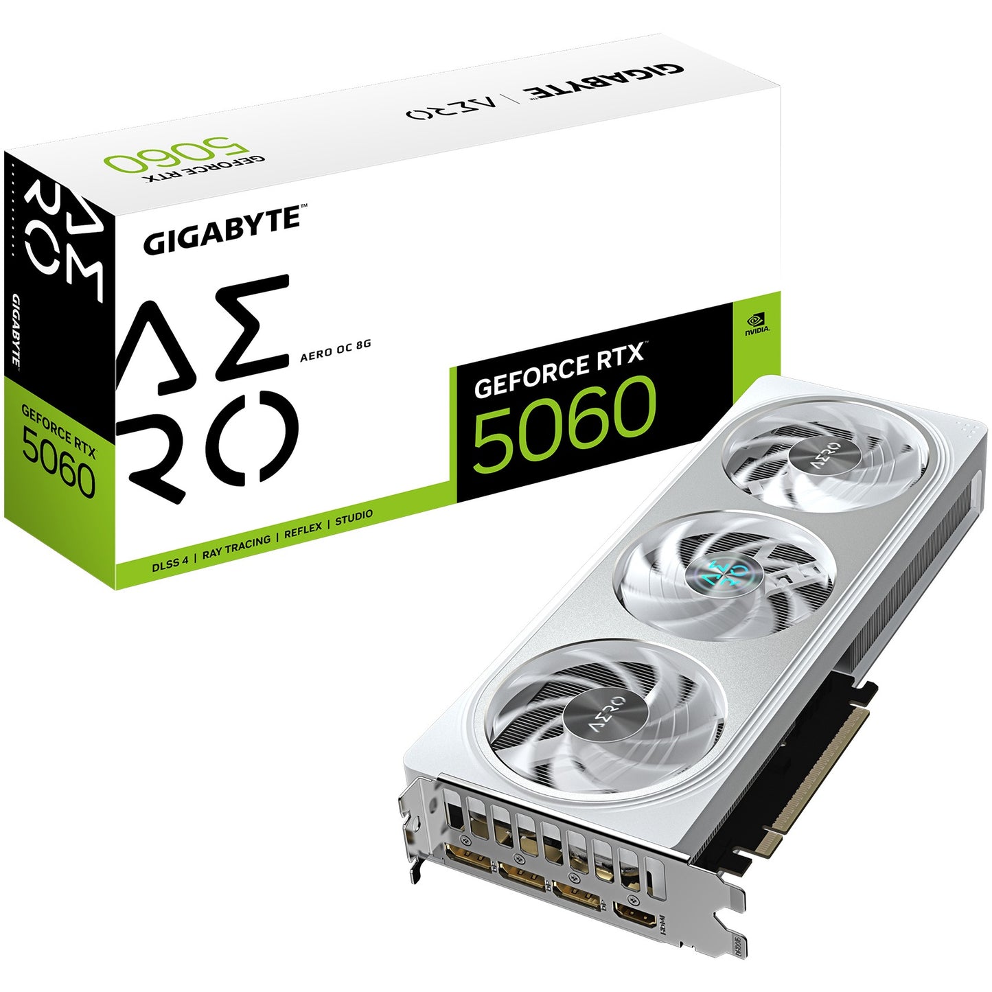 GIGABYTE GeForce RTX 5060 AERO OC 8G grafička kartica - 8GB GDDR7. 128bit. PCI-E 5.0. Takt jezgra 2595 MHz. 3 x DisplayPort 1 x HDMI GV-N5060AERO OC-8GD. GeForce RTX 5060. 8GB. GDDR7. 128 bita. 7680 x 4320 piksela. PCI Express 5.0