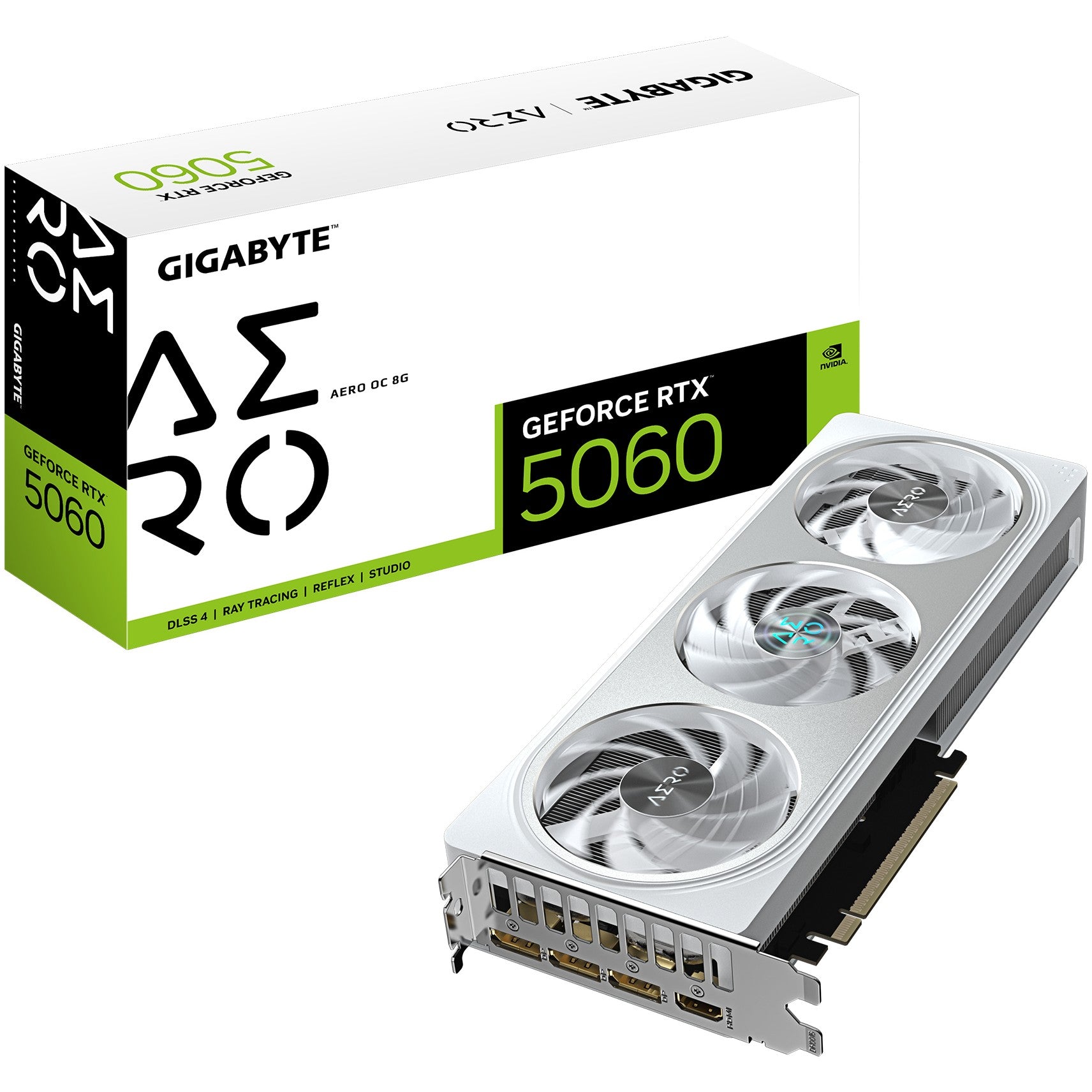 GIGABYTE GeForce RTX 5060 AERO OC 8G grafička kartica - 8GB GDDR7. 128bit. PCI-E 5.0. Takt jezgra 2595 MHz. 3 x DisplayPort 1 x HDMI GV-N5060AERO OC-8GD. GeForce RTX 5060. 8GB. GDDR7. 128 bita. 7680 x 4320 piksela. PCI Express 5.0