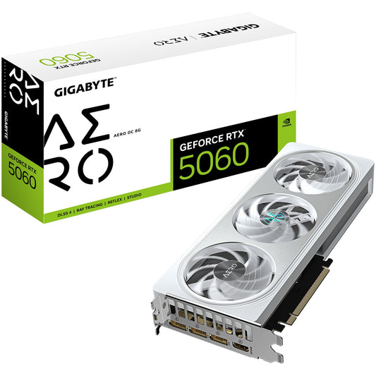 GIGABYTE GeForce RTX 5060 AERO OC 8G grafička kartica - 8GB GDDR7. 128bit. PCI-E 5.0. Takt jezgra 2595 MHz. 3 x DisplayPort 1 x HDMI GV-N5060AERO OC-8GD. GeForce RTX 5060. 8GB. GDDR7. 128 bita. 7680 x 4320 piksela. PCI Express 5.0