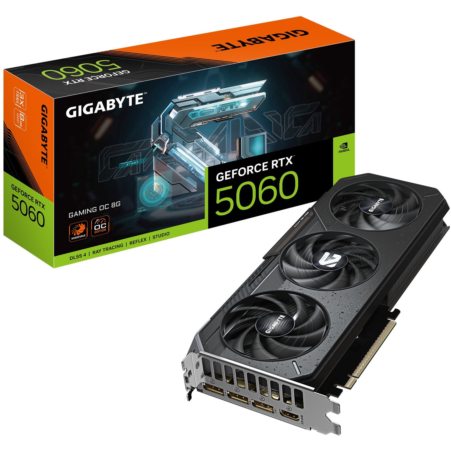 GIGABYTE GeForce RTX 5060 GAMING OC 8G grafička kartica - 8GB GDDR7. 128bit. PCI-E 5.0. Takt jezgra 2595 MHz. 3 x DisplayPort 1 x HDMI GV-N5060GAMING OC-8GD. GeForce RTX 5060. 8GB. GDDR7. 128 bita. 7680 x 4320 piksela. PCI Express 5.0