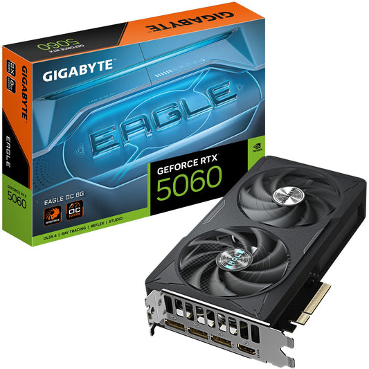 GIGABYTE GeForce RTX 5060 EAGLE OC 8G grafička kartica - 8GB GDDR7. 128bit. PCI-E 5.0. Takt jezgra 2550 MHz. 3 x DisplayPort 1 x HDMI GV-N5060EAGLE OC-8GD. GeForce RTX 5060. 8GB. GDDR7. 128 bita. 7680 x 4320 piksela. PCI Express 5.0