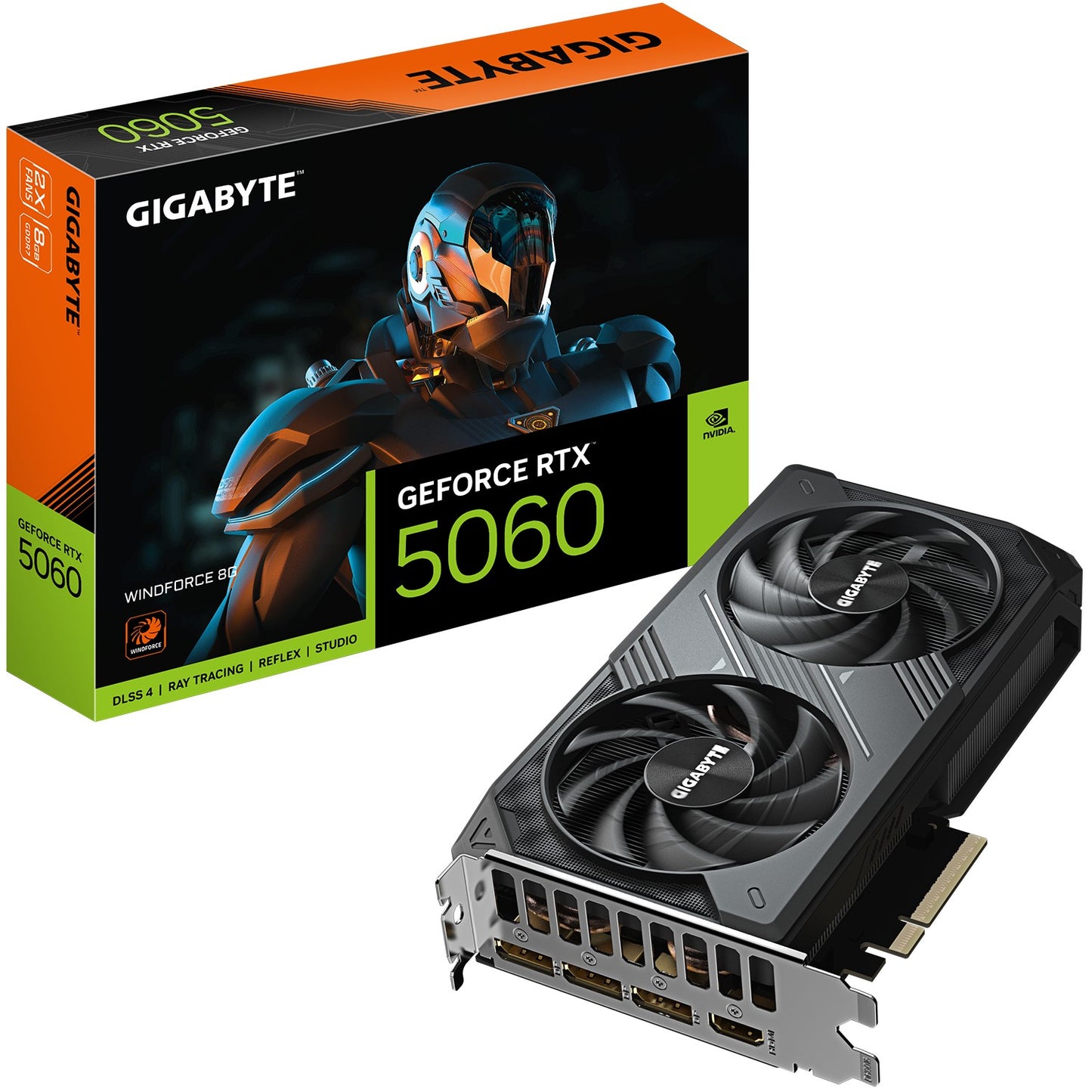 GIGABYTE GeForce RTX 5060 WINDFORCE 8G Grafička kartica - 8GB GDDR7. 128-bit. PCI-E 5.0. Takt jezgra 2497 MHz. 3 x DisplayPort. 1 x HDMI. GV-N5060WF2-8GD. GeForce RTX 5060. 8 GB. GDDR7. 128-bit. 7680 x 4320 piksela. PCI Express 5.0