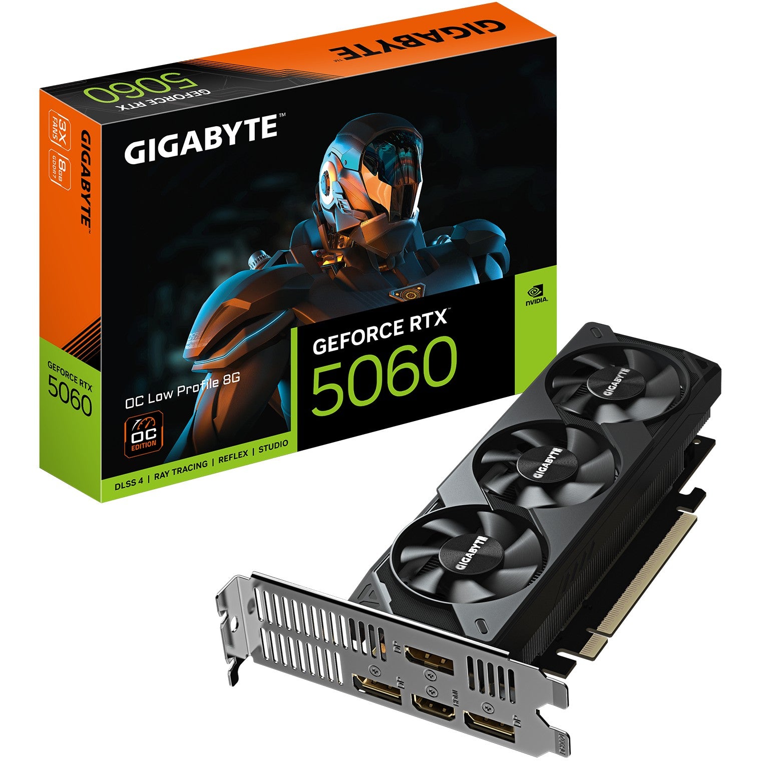 GIGABYTE GeForce RTX 5060 OC niskoprofilna 8G grafička kartica - 8GB GDDR7. 128bit. PCI-E 5.0. Takt jezgra 2512 MHz. 3 x DisplayPort 1 x HDMI GV-N5060OC-8GL. GeForce RTX 5060. 8GB. GDDR7. 128 bita. 7680 x 4320 piksela. PCI Express 5.0