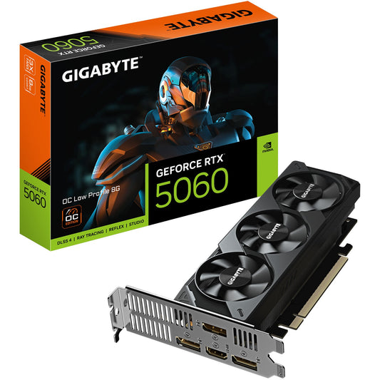 GIGABYTE GeForce RTX 5060 OC niskoprofilna 8G grafička kartica - 8GB GDDR7. 128bit. PCI-E 5.0. Takt jezgra 2512 MHz. 3 x DisplayPort 1 x HDMI GV-N5060OC-8GL. GeForce RTX 5060. 8GB. GDDR7. 128 bita. 7680 x 4320 piksela. PCI Express 5.0