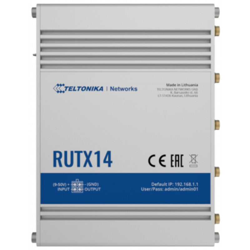 Teltonika RUTX14. Ruter za mobilnu mrežu. Srebrni. Aluminijum. Performanse. Status. WAN. Gigabit Ethernet. 10, 100, 1000 Mbps.