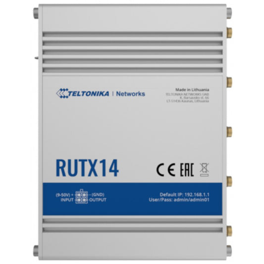Teltonika RUTX14. Ruter za mobilnu mrežu. Srebrni. Aluminijum. Performanse. Status. WAN. Gigabit Ethernet. 10, 100, 1000 Mbps.