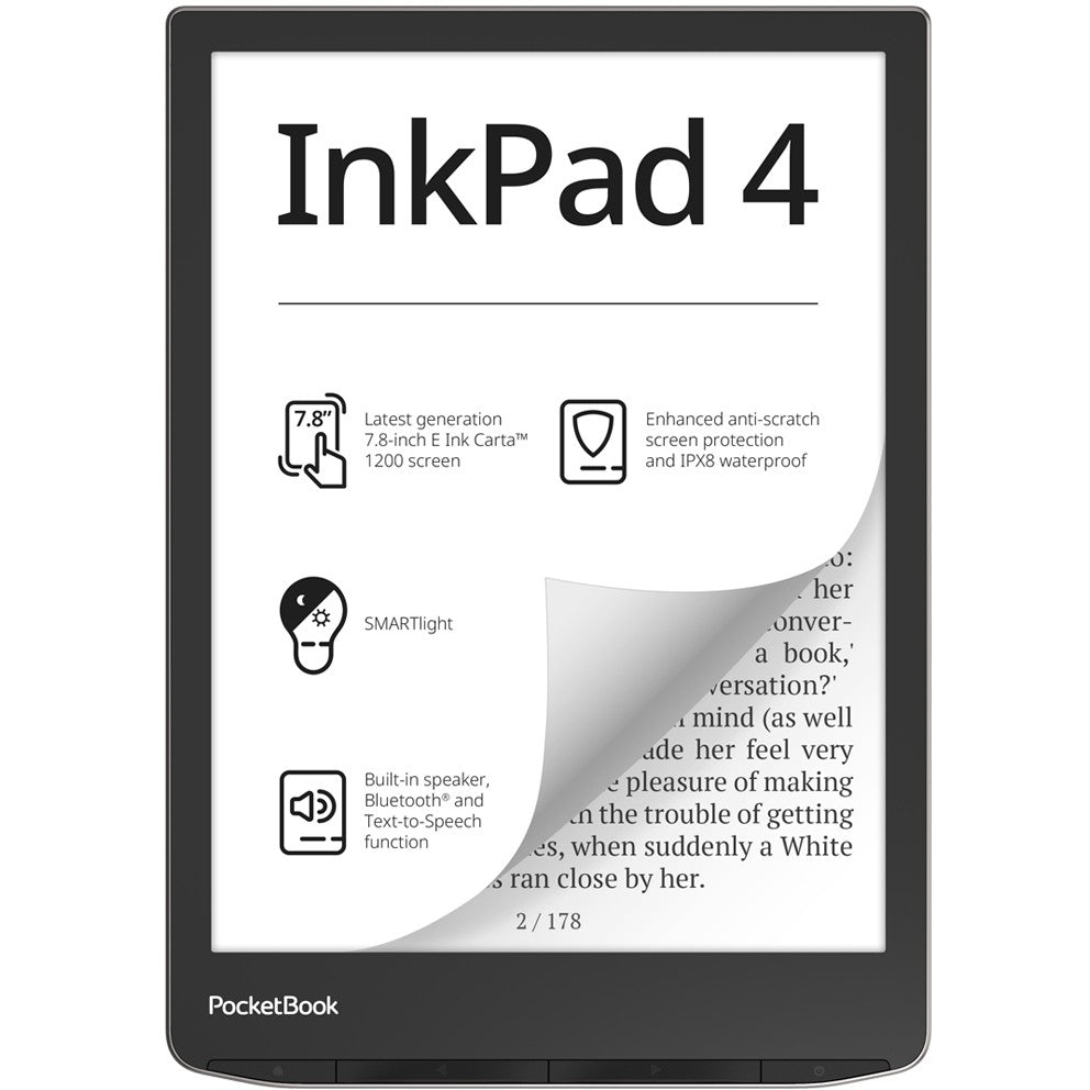 PocketBook InkPad 4. 19,8 cm (7,8"). E Ink kartica. 1404 x 1872 piksela. ACSM. AZW. AZW3. CBR. CBZ. CHM. DOC. DOCX. DjVu. EPUB. EPUB DRM. FB2. FB2.ZIP. HTM. HTML. MOBI..... M4A. M4B. MP3. OGG. BMP.JPEG.TIFF