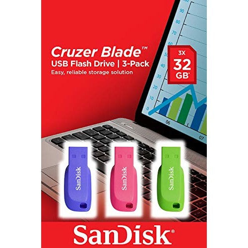 SanDisk Cruzer Blade 3x 32GB. 32 GB. USB Tip-A. 2.0. Bez poklopca. 2.5 g. Plava. Zelena. Roza.