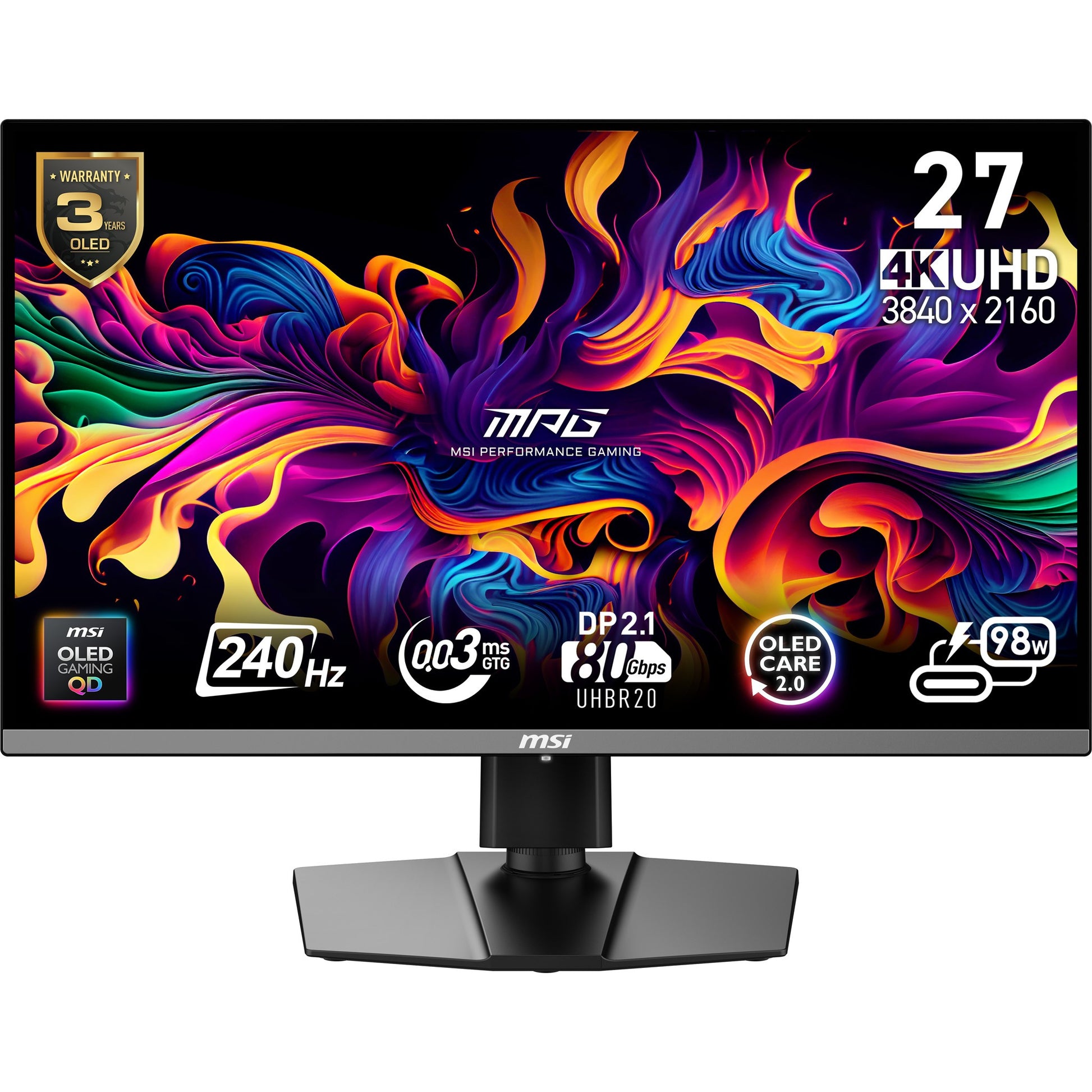 MSI MPG 272URXDE QD OLED. 67,3 cm (26,5"). 3840 x 2160 piksela. 4K Ultra HD. QD-OLED. 1 ms. Crni