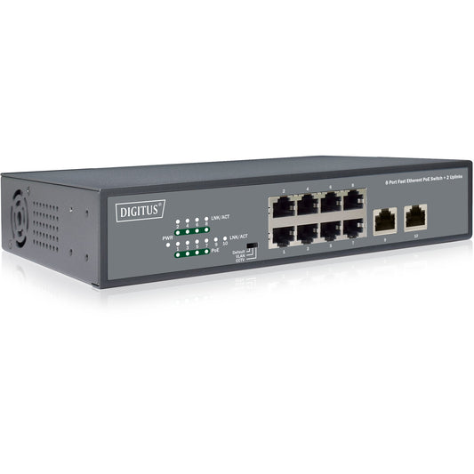 Digitus 8-portni brzi Ethernet PoE prekidač. 19 inča. Neupravljan. 2 uplinka. Neupravljan. Brzi Ethernet (10/100). Potpuni dupleks. Napajanje preko Etherneta (PoE). Montaža u rack.