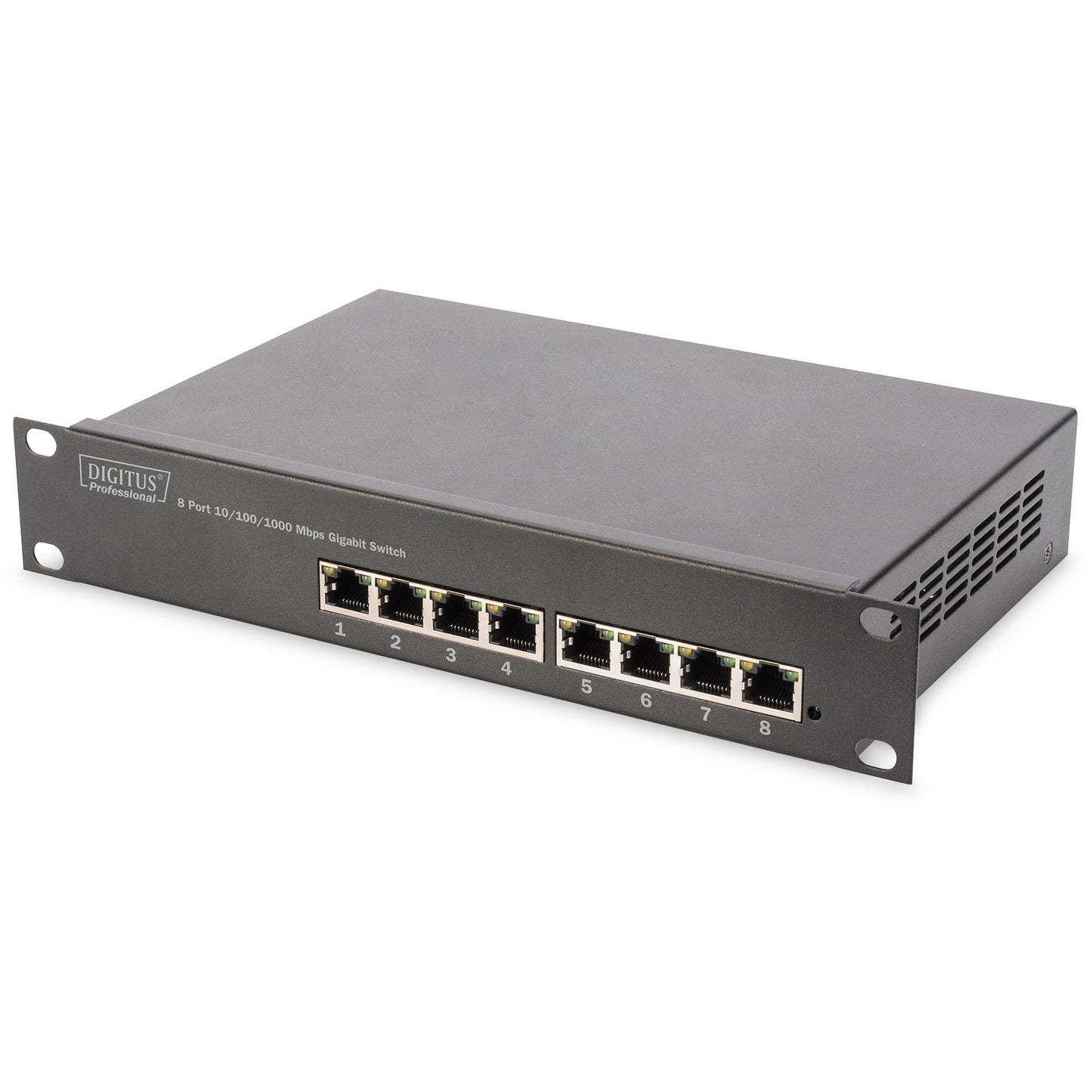 Digitus 8-portni gigabitni switch. 10 inča. Neupravljan. Gigabit Ethernet (10/100/1000). Puni dupleks. Montaža u rack.