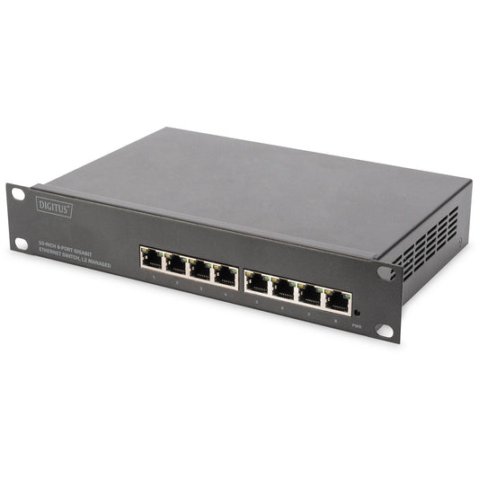 Digitus 8-portni gigabitni switch. 10 inča. Upravljani. Upravljani. L2+. Gigabit Ethernet (10/100/1000). Puni dupleks. Instalacija u rack. Montaža na zid.