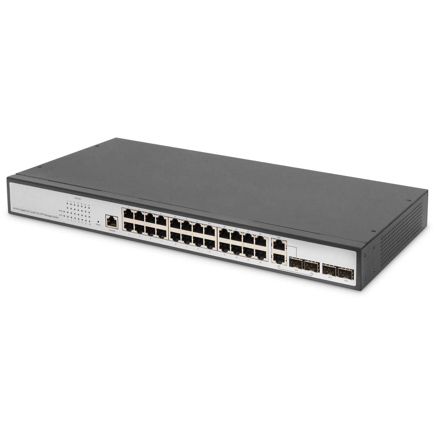 Digitus 24-portni gigabitni prekidač. 19 inča. Upravljani. 2 uplinka. Upravljani. L2. Gigabit Ethernet (10/100/1000). Ugradnja u rack.