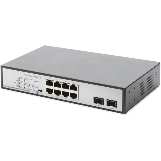 Digitus 8-portni gigabitni PoE switch. 19 inča. Neupravljan. 2 uplinka. Neupravljan. Gigabit Ethernet (10/100/1000). Napajanje preko Etherneta (PoE). Montaža na zid.