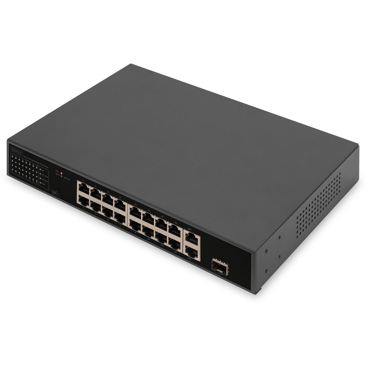 Digitus 16-portni Fast Ethernet PoE prekidač. 2 Gigabit uplinka (RJ45 / SFP). Neupravljan. Gigabit Ethernet (10/100/1000). Puni dupleks. Napajanje preko Etherneta (PoE). Montaža u rack. 1U