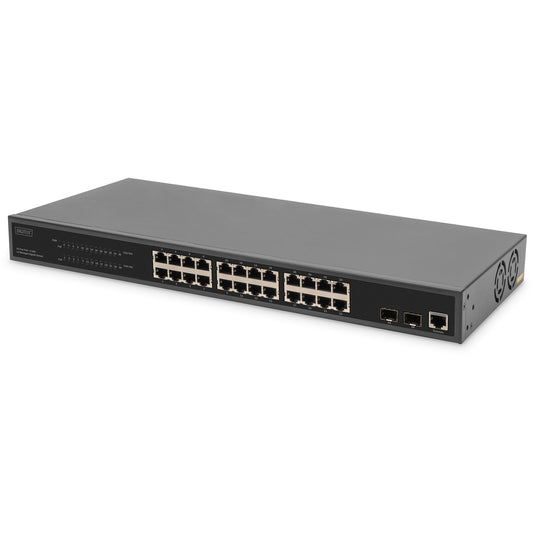 Digitus 24-portni Gigabit PoE mrežni switch. 19 inča. L2 upravljani. 2 uplink porta. SFP. 430 W. af/at. Upravljani. L2. Gigabit Ethernet (10/100/1000). Napajanje preko Etherneta (PoE). Montaža u rack. 1U