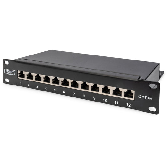 Digitus CAT 6A patch panel. Oklopljen. 12-portni. 1U. 10". Crna. 10 Gigabit Ethernet. RJ-45. Cat6a. 22/26. Crna. Metalna.